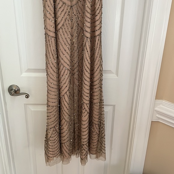 Adrianna Papell Art Deco Beaded Blouson Gown in Taupe Pink - Picture 8 of 9